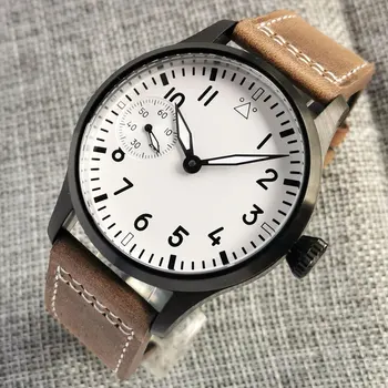 Sapphire/Минерално стъкло 42 мм, Механичен Мъжки часовник с ръчно от Азия 6497 Бял Циферблат Сребро/Бронз/Черно PVD Калъф Кожена Каишка