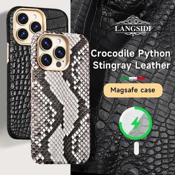 Кожен Калъф Magsafe за iPhone 14 12 13 Pro Max, Луксозен Калъф от естествена кожа на Крокодил и Гущерите, Магнитна делото с Предпазно Фолио за екран