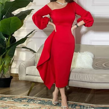 Синьо Елегантна Червена рокля Русалка De Cocktai 2023, Модерно рокля за бала, с къдри, с пищни ръкави, цип, до глезена